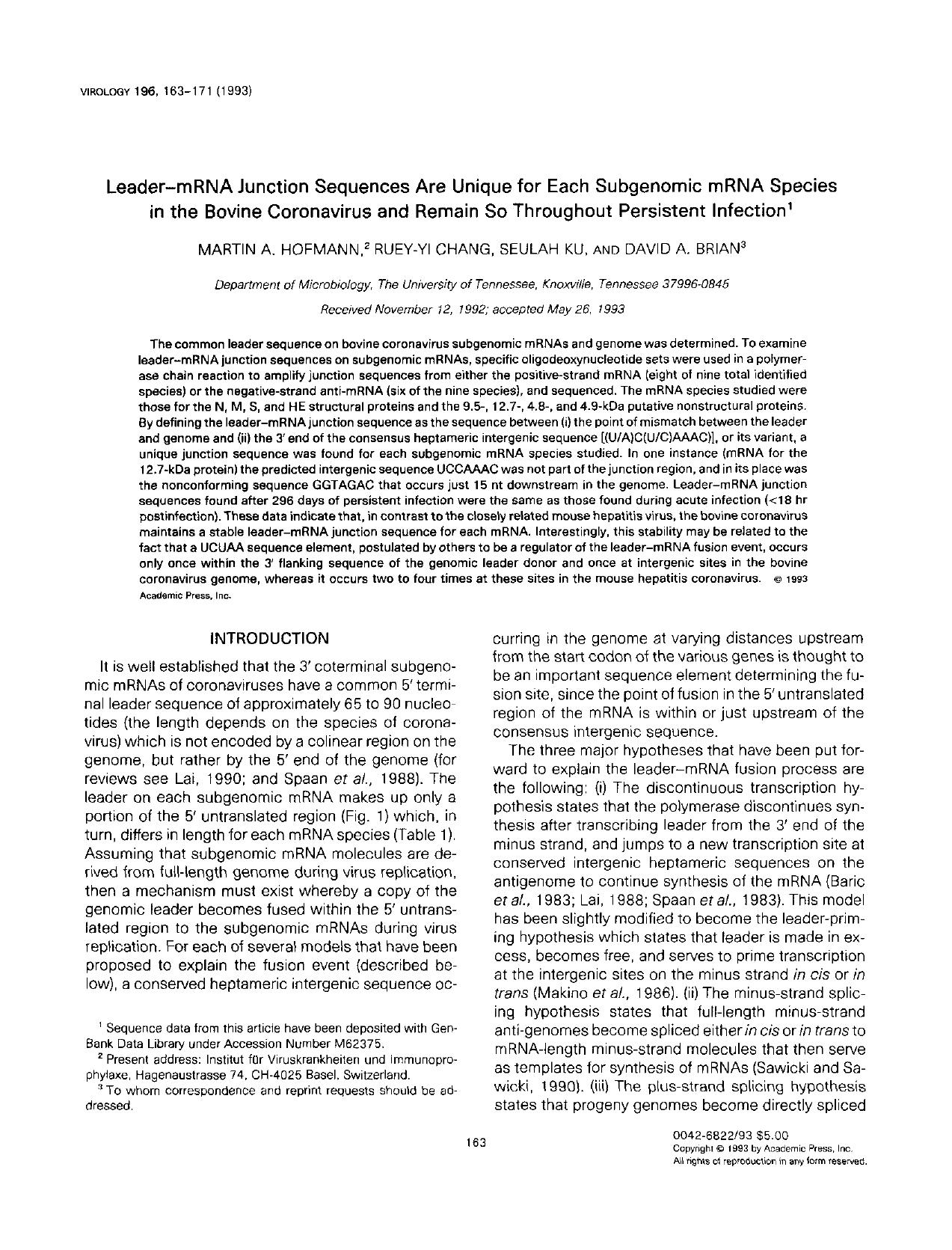 1993 Leader-mRNA Junction Sequences Are Unique for Each Subgenomic mRNA Species in the Bovine Coronavirus and Remain So by Unknown