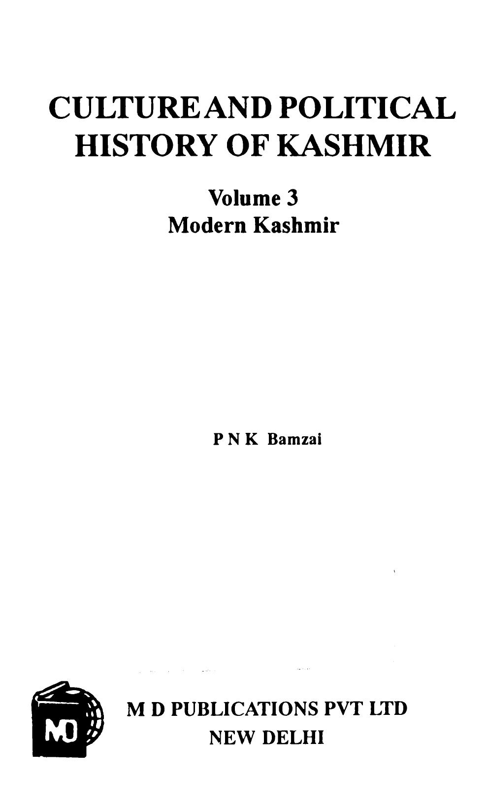1994 Culture and Political History of Kashmir vol 3 Modern Kashmir by Prithivi Nath Kaul Bamzai