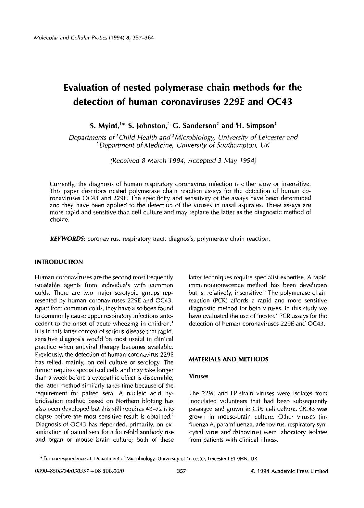 1994 Evaluation of nested polymerase chain methods for the detection of human coronaviruses 229E and OC43 by Unknown