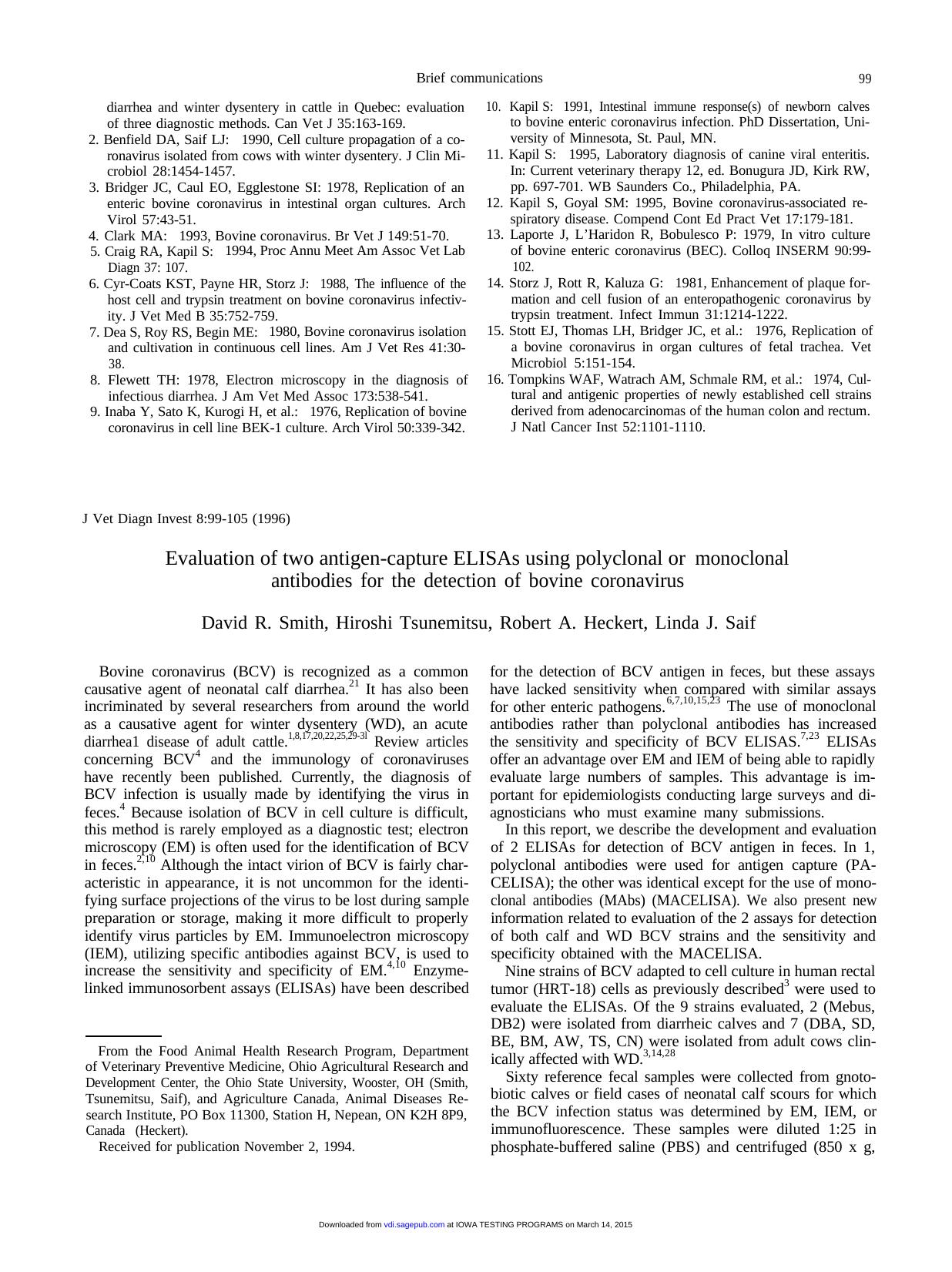 1996 Evaluation of Two Antigen-Capture ELISAs using Polyclonal or Monoclonal Antibodies for the Detection of Bovine Coro by Unknown