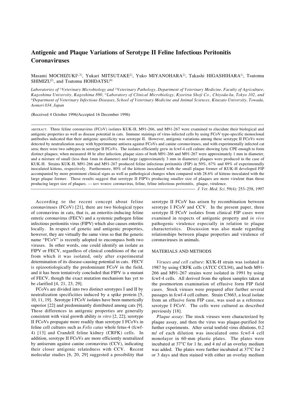 1997 Antigenic and Plaque Variations of Serotype II Feline Infectious Peritonitis Coronaviruses by the Japanese Society of Veterinary Science