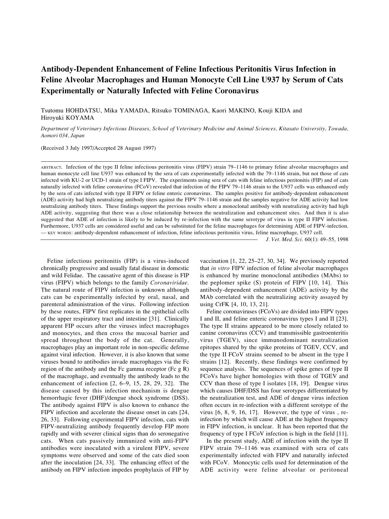 1998 Antibody-Dependent Enhancement of Feline Infectious Peritonitis Virus Infection in Feline Alveolar Macrophages and by the Japanese Society of Veterinary Science
