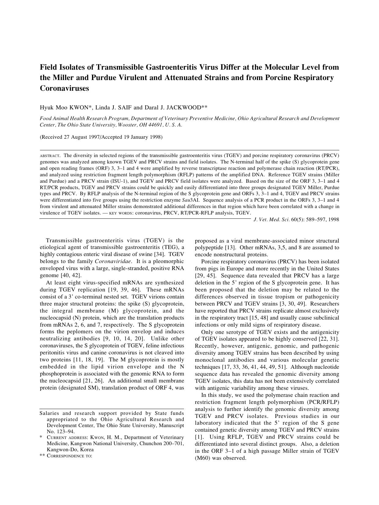 1998 Field Isolates of Transmissible Gastroenteritis Virus Differ at the Molecular Level from the Miller and Purdue Viru by the Japanese Society of Veterinary Science