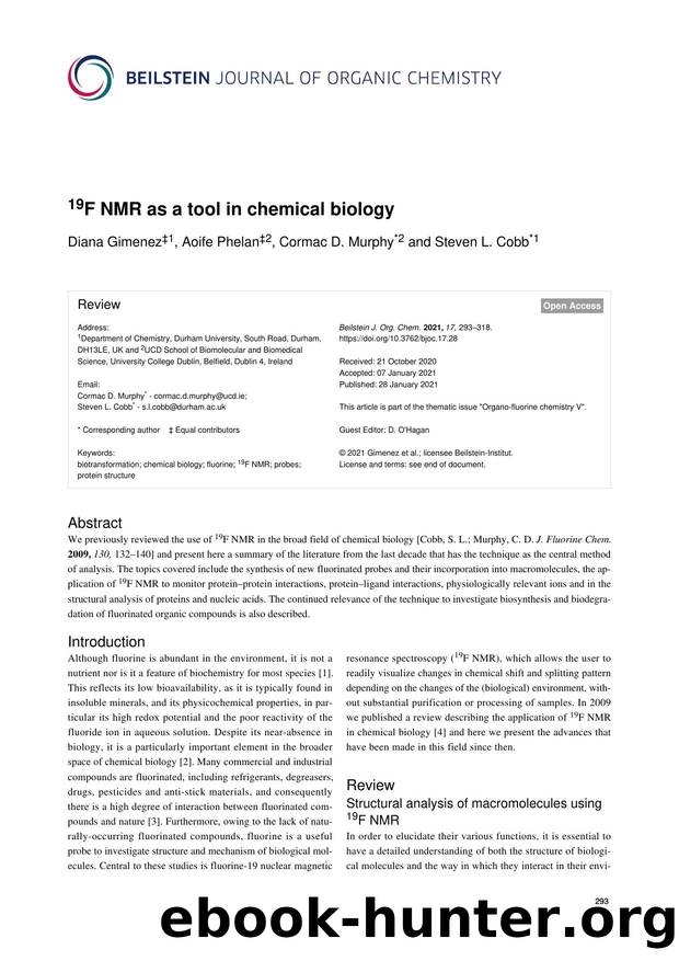 19F NMR as a tool in chemical biology by Diana Gimenez Aoife Phelan Cormac D. Murphy Steven L. Cobb