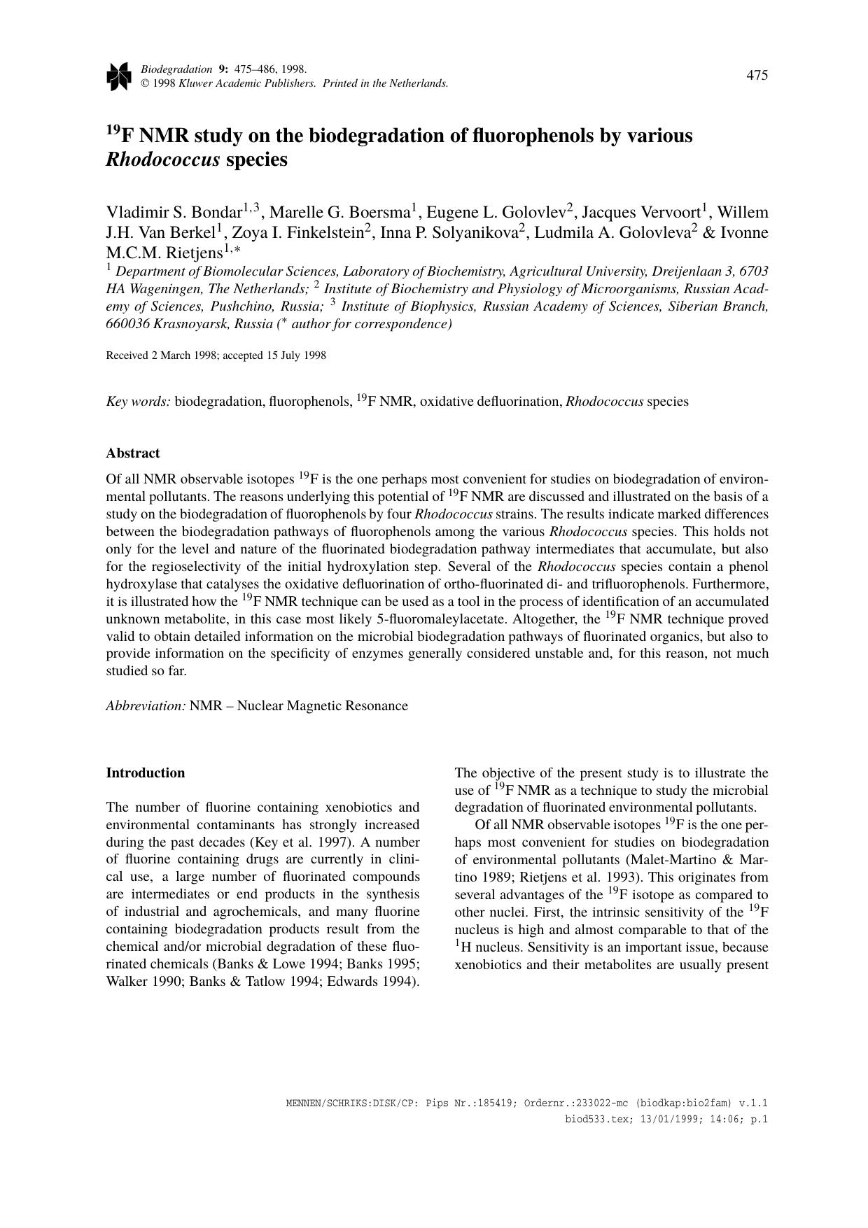 19F NMR study on the biodegradation of fluorophenols by various Rhodococcus species by Unknown