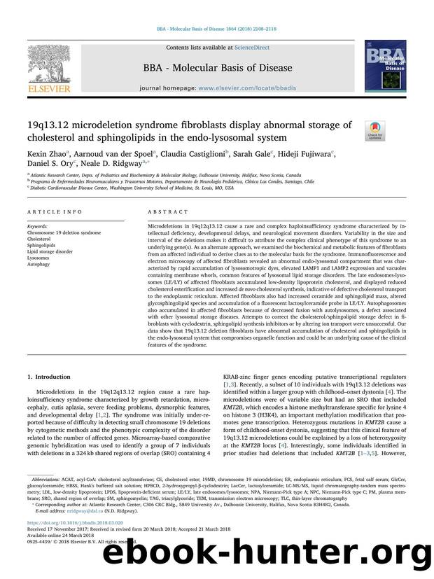 19q13.12 microdeletion syndrome fibroblasts display abnormal storage of cholesterol and sphingolipids in the endo-lysosomal system by unknow