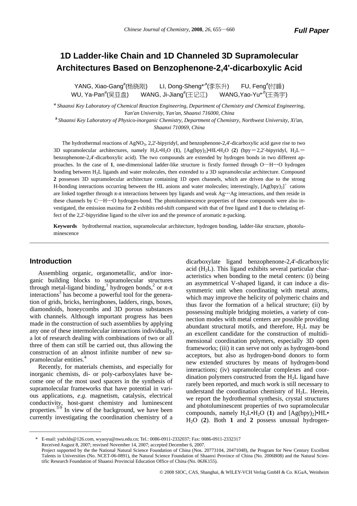 1D Ladder-like Chain and 1D Channeled 3D Supramolecular Architectures Based on Benzophenone-2,4[prime]-dicarboxylic Acid by uy