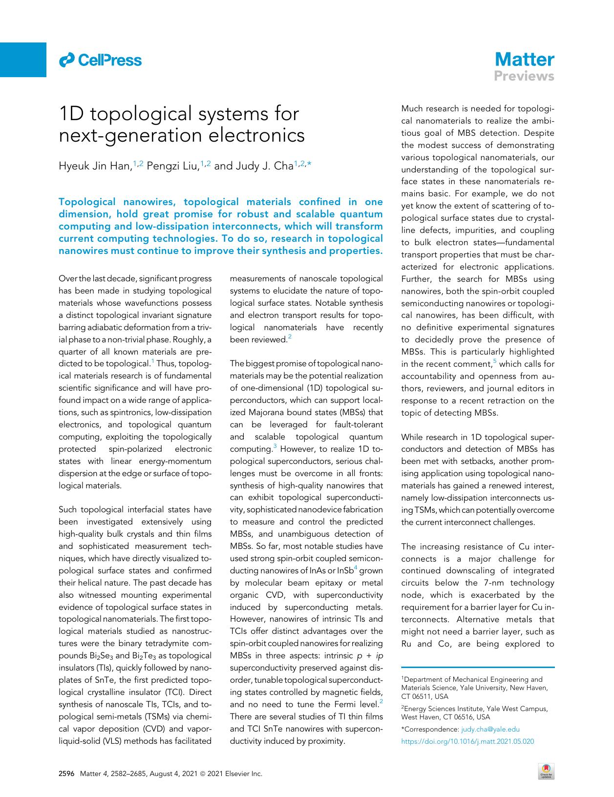 1D topological systems for next-generation electronics by Hyeuk Jin Han & Pengzi Liu & Judy J. Cha