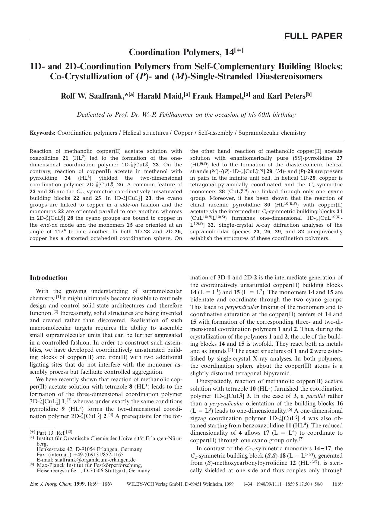 1D- and 2D-Coordination Polymers from Self-Complementary Building Blocks: Co-Crystallization of (P)- and (M)-Single-Stranded Diastereoisomers by Unknown