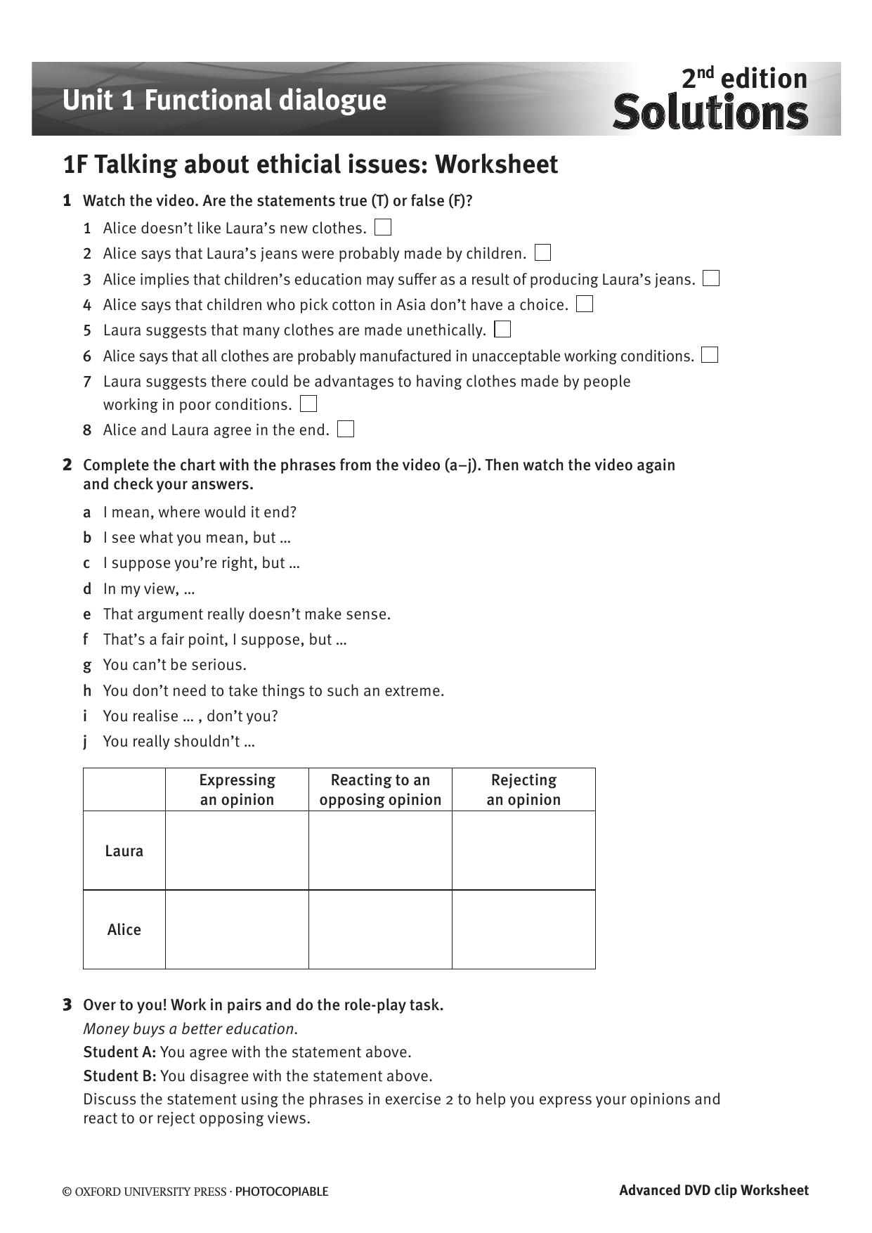 1F Talking about ethicial issues Worksheets, Answers, Script by Unknown