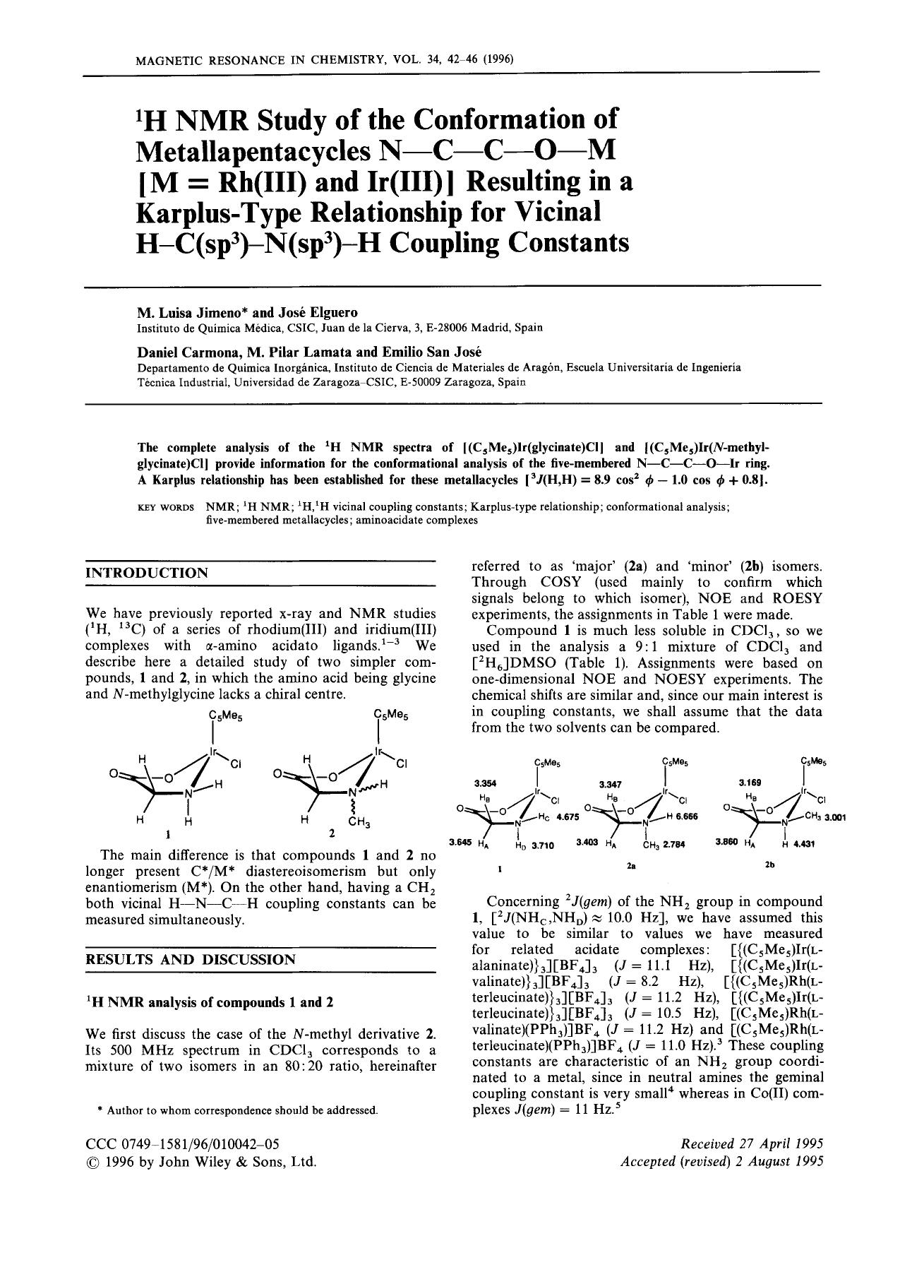 1H NMR Study of the Conformation of Metallapentacycles N-C-C-O-M [M [equals] Rh(III) and Ir(III)] Resulting in a Karplus-Type Relationship for Vicinal H-C(sp3)-N(sp13)-H Coupling Constants by Unknown