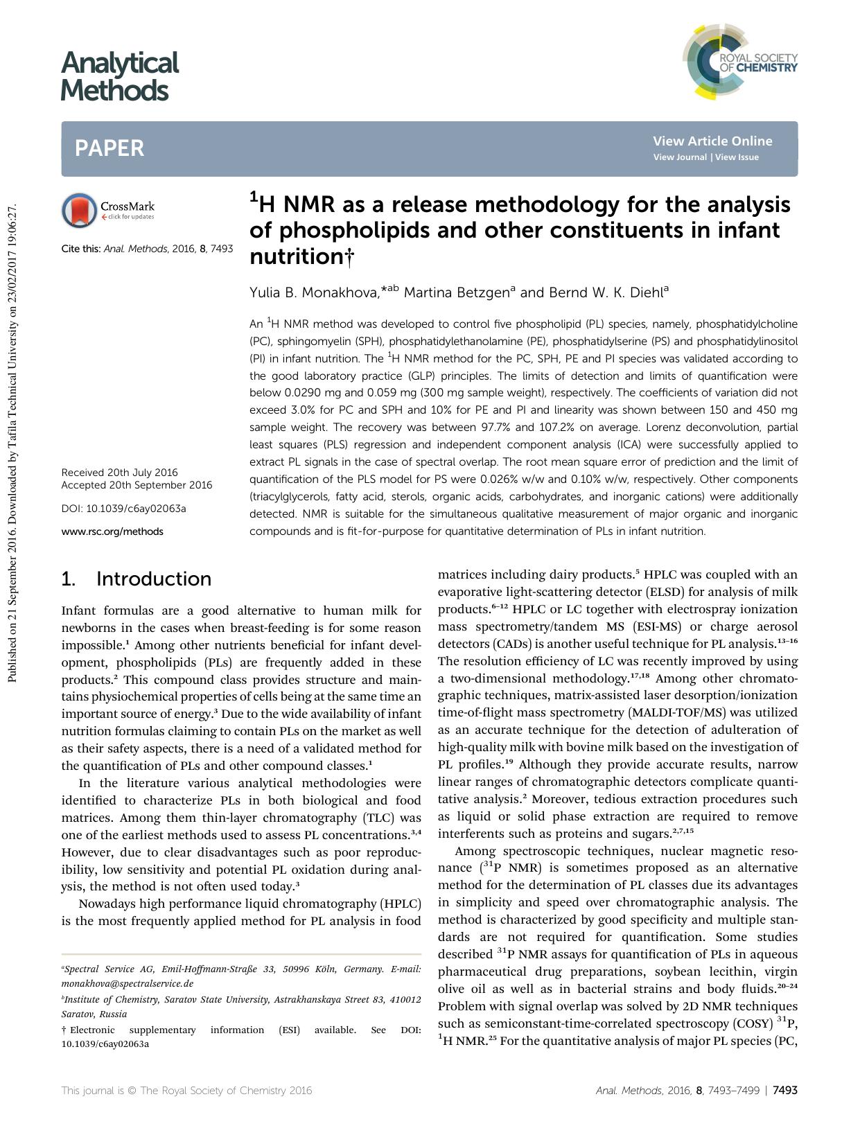 1H NMR as a release methodology for the analysis of phospholipids and other constituents in infant nutrition by Yulia B. Monakhova & Martina Betzgen & Bernd W. K. Diehl