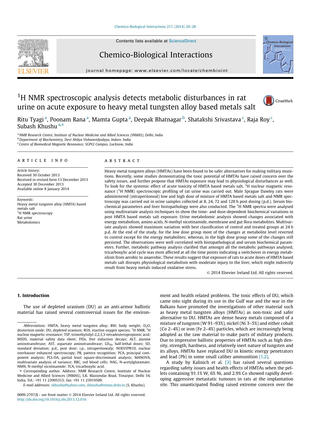 1H NMR spectroscopic analysis detects metabolic disturbances in rat urine on acute exposure to heavy metal tungsten alloy based metals salt by unknow