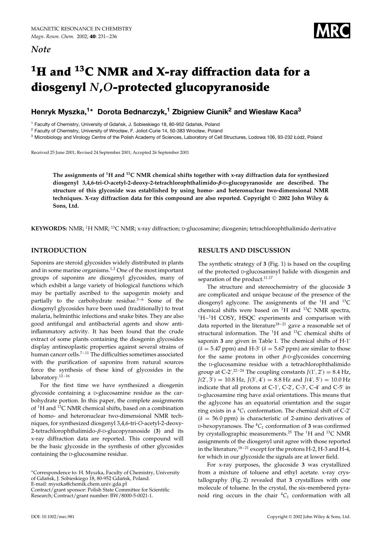 1H and 13C NMR and X-ray diffraction data for a diosgenyl N,O-protected glucopyranoside by Unknown