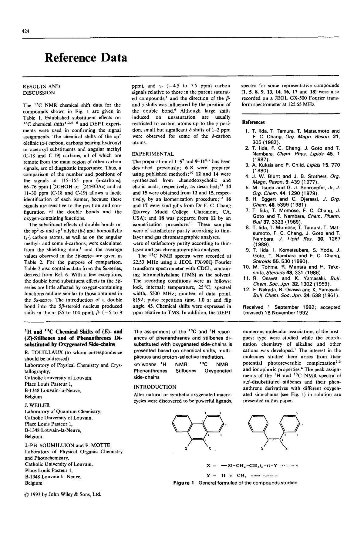 1H and 13C chemical shifts of (E)- and (Z)-stilbenes and of phenanthrenes di-substituted by oxygenated side-chains by Unknown