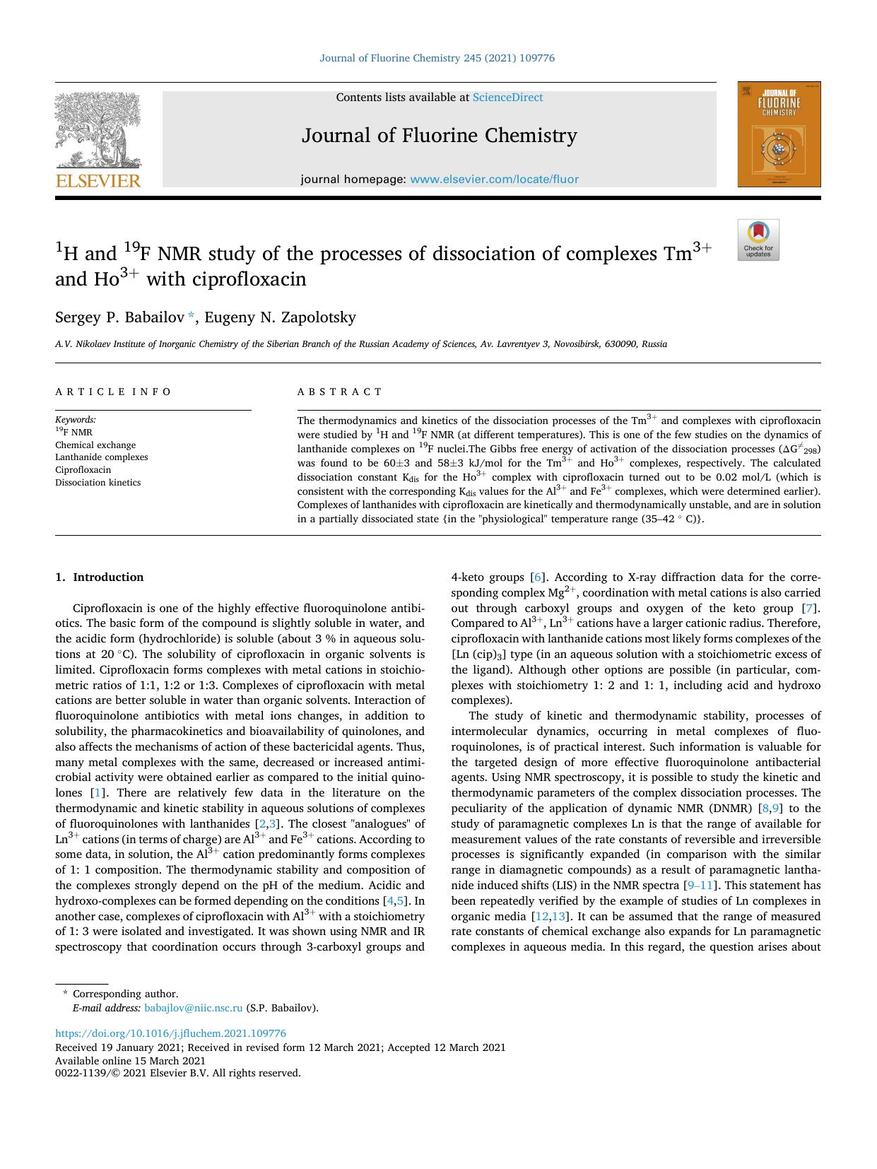 1H and 19F NMR study of the processes of dissociation of complexes Tm3+ and Ho3+ with ciprofloxacin by Sergey P. Babailov & Eugeny N. Zapolotsky