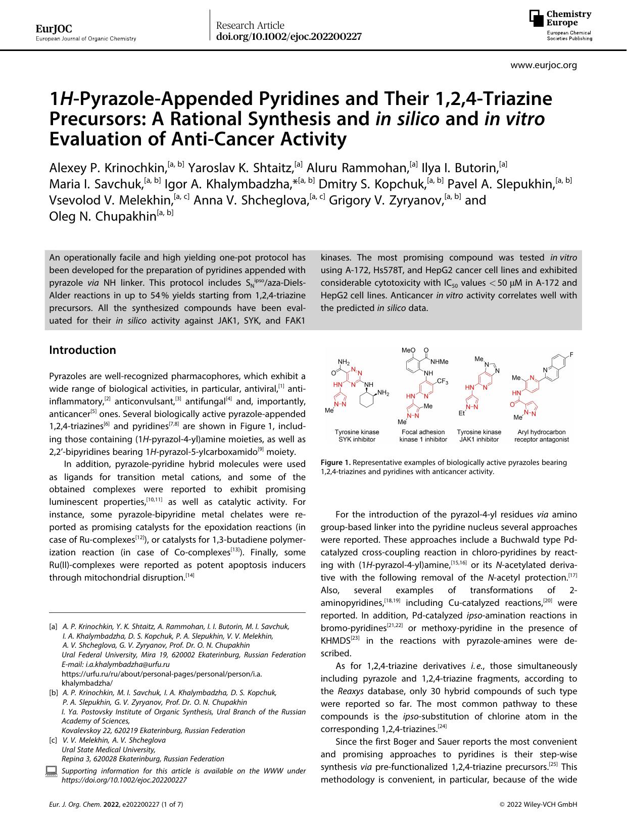 1HâPyrazoleâAppended Pyridines and Their 1,2,4âTriazine Precursors: A Rational Synthesis and in silico and inâvitro Evaluation of AntiâCancer Activity by Unknown