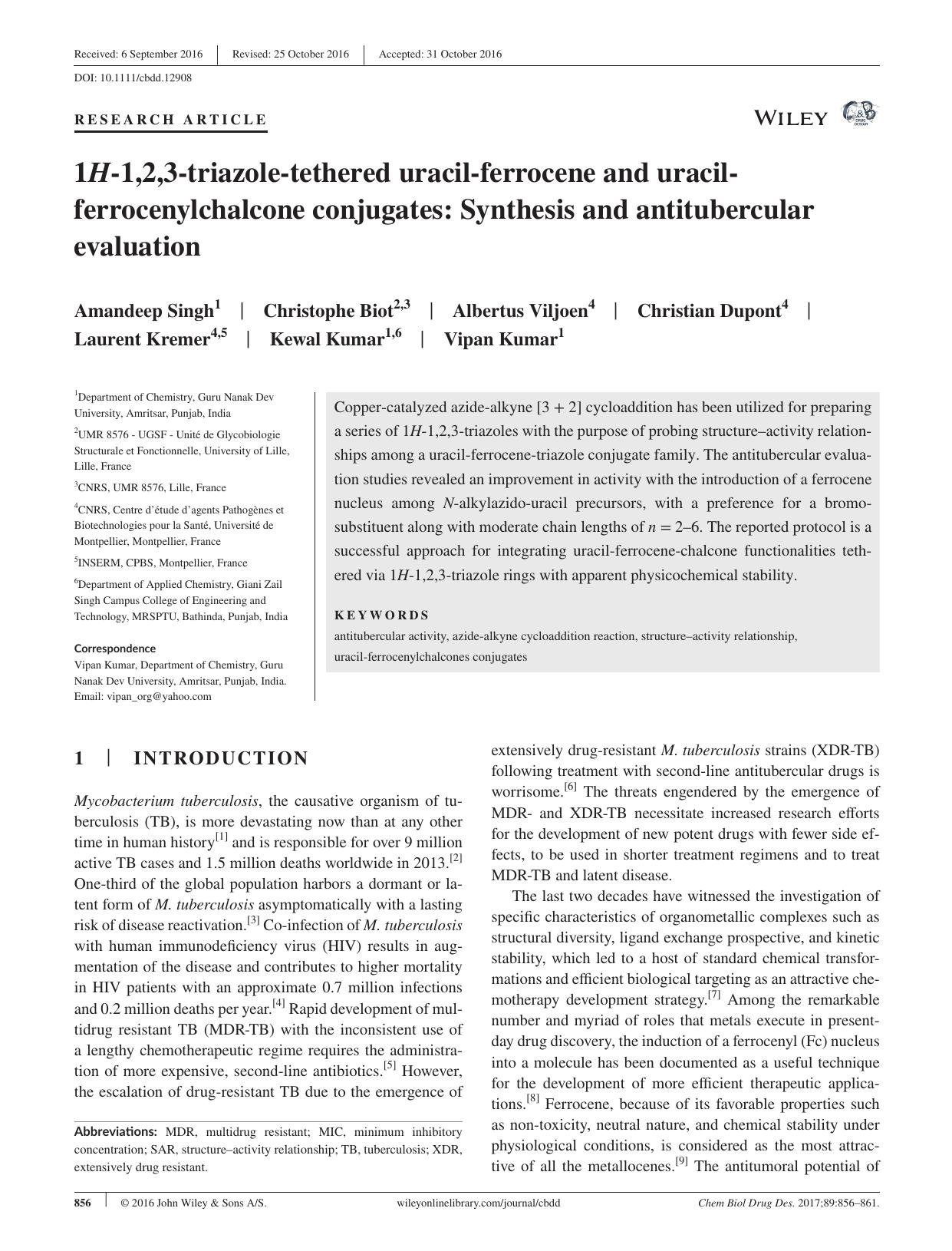 1H‐1,2,3‐triazole‐tethered uracil‐ferrocene and uracil‐ferrocenylchalcone conjugates: Synthesis and antitubercular evaluation by unknow