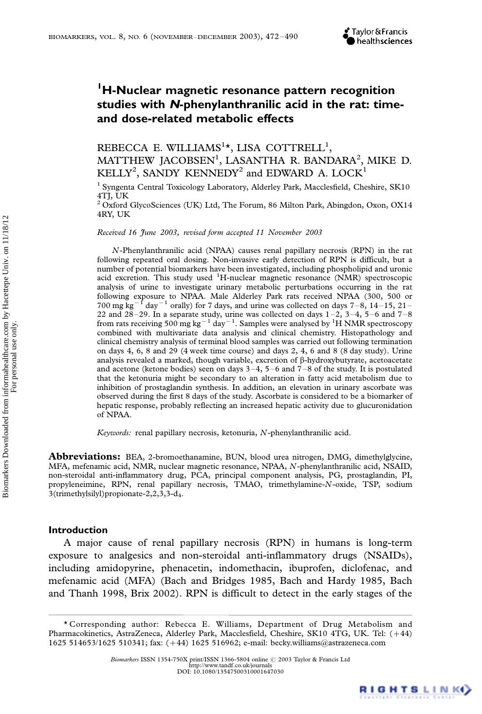 1H-Nuclear magnetic resonance pattern recognition studies with N-phenylanthranilic acid in the rat: time- and dose-related metabolic effects by unknow