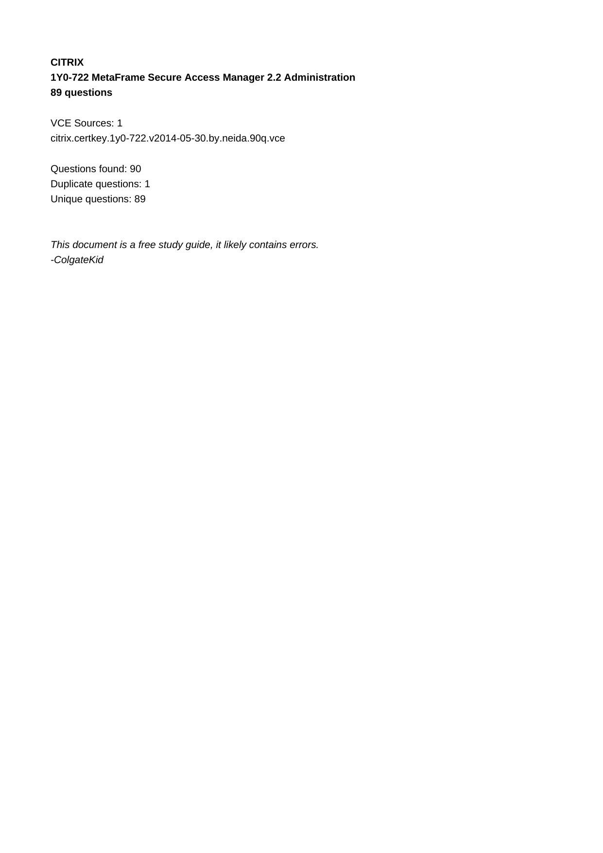 1Y0-722 MetaFrame Secure Access Manager 2.2 Administration by Unknown