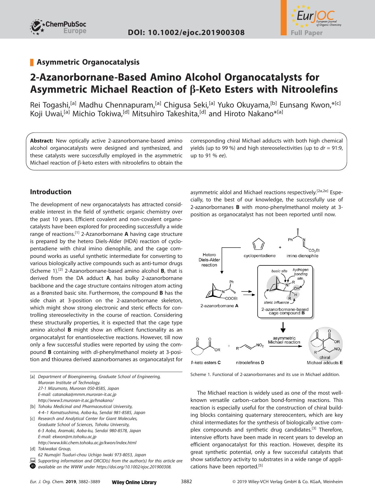 2&#x02010;Azanorbornane&#x02010;Based Amino Alcohol Organocatalysts for Asymmetric Michael Reaction of &#x003B2;&#x02010;Keto Esters with Nitroolefins by Unknown
