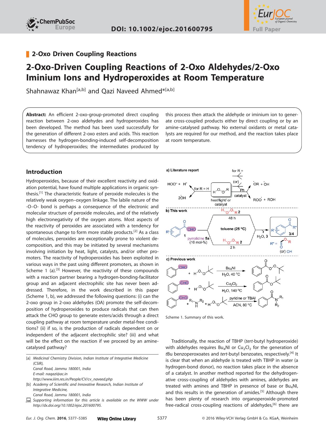 2&#x02010;Oxo&#x02010;Driven Coupling Reactions of 2&#x02010;Oxo Aldehydes2&#x02010;Oxo Iminium Ions and Hydroperoxides at Room Temperature by Unknown