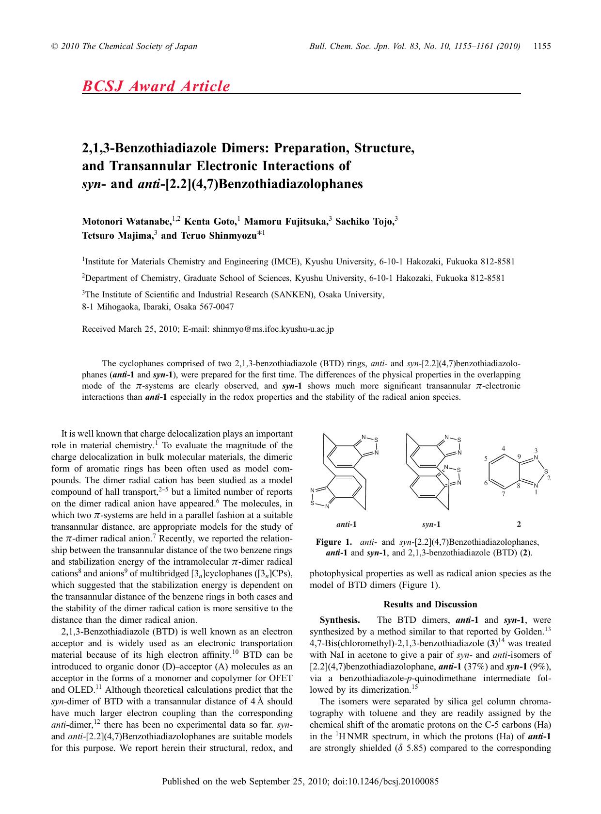 2,1,3-Benzothiadiazole Dimers: Preparation, Structure, and Transannular Electronic Interactions of syn- and anti-[2.2](4,7)Benzothiadiazolophanes by （社）日本化学会　The Chemical Society of Japan