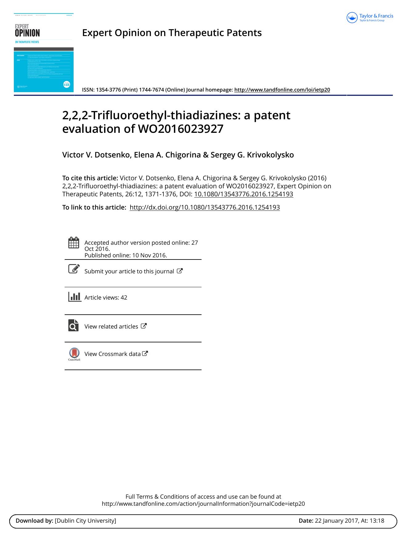 2,2,2-Trifluoroethyl-thiadiazines: a patent evaluation of WO2016023927 by Victor V. Dotsenko & Elena A. Chigorina & Sergey G. Krivokolysko