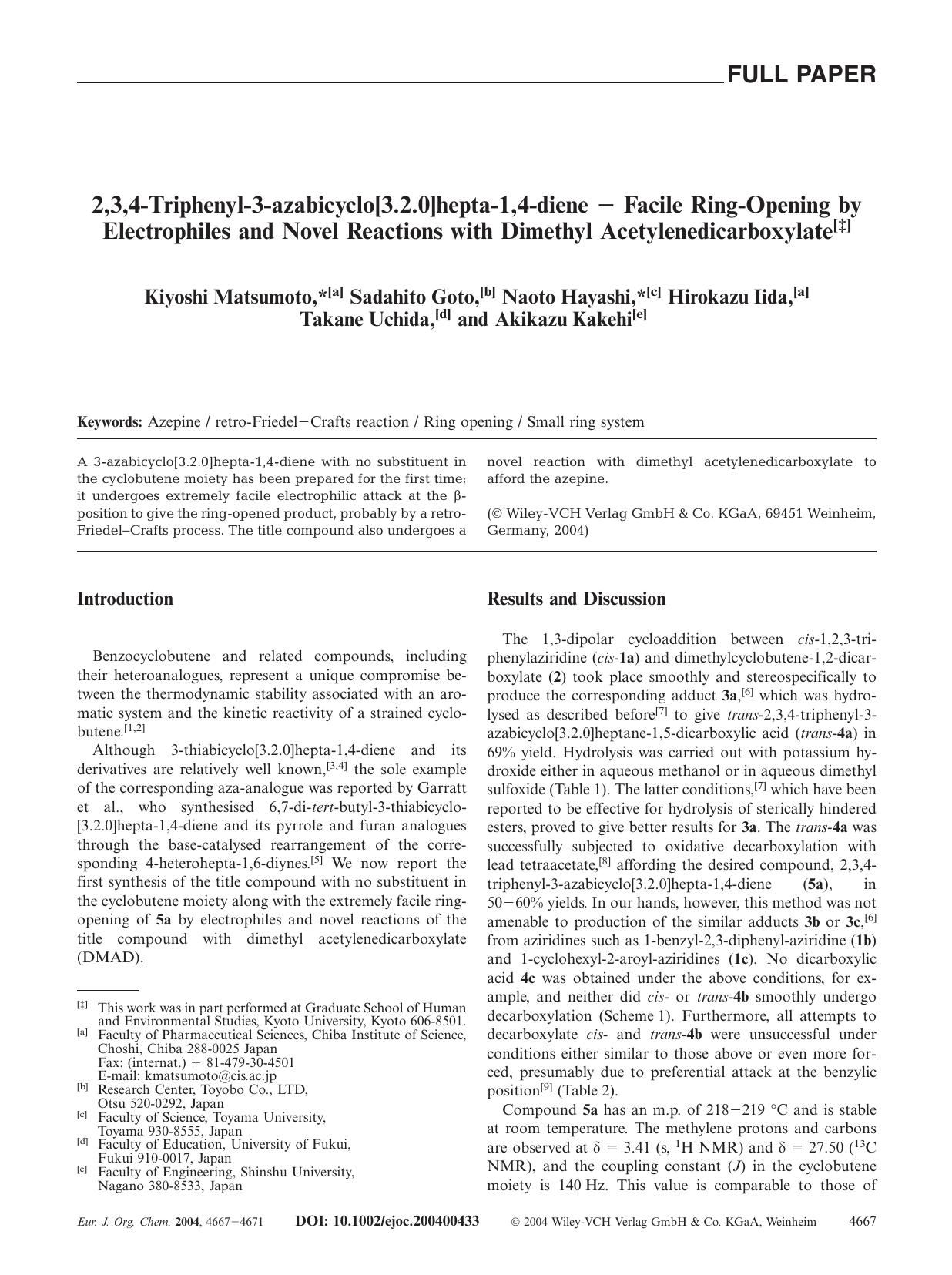 2,3,4-Triphenyl-3-azabicyclo[3.2.0]hepta-1,4-diene [minus] Facile Ring-Opening by Electrophiles and Novel Reactions with Dimethyl Acetylenedicarboxylate by Unknown