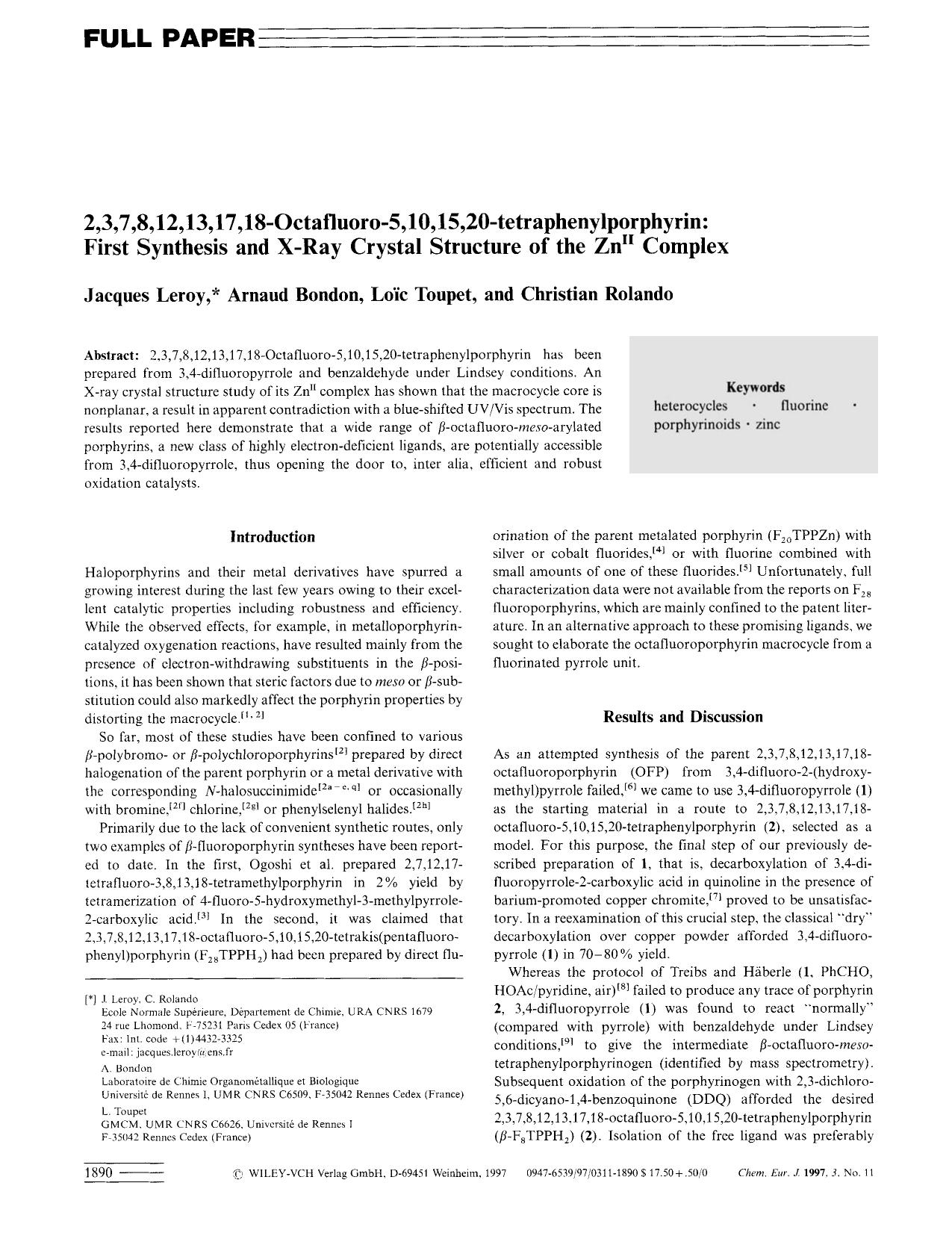 2,3,7,8,12,13,17,18-Octafluoro-5,10,15,20-Tetraphenylporphyrin: First Synthesis and X-Ray Crystal Structure of the ZnII Complex by Unknown