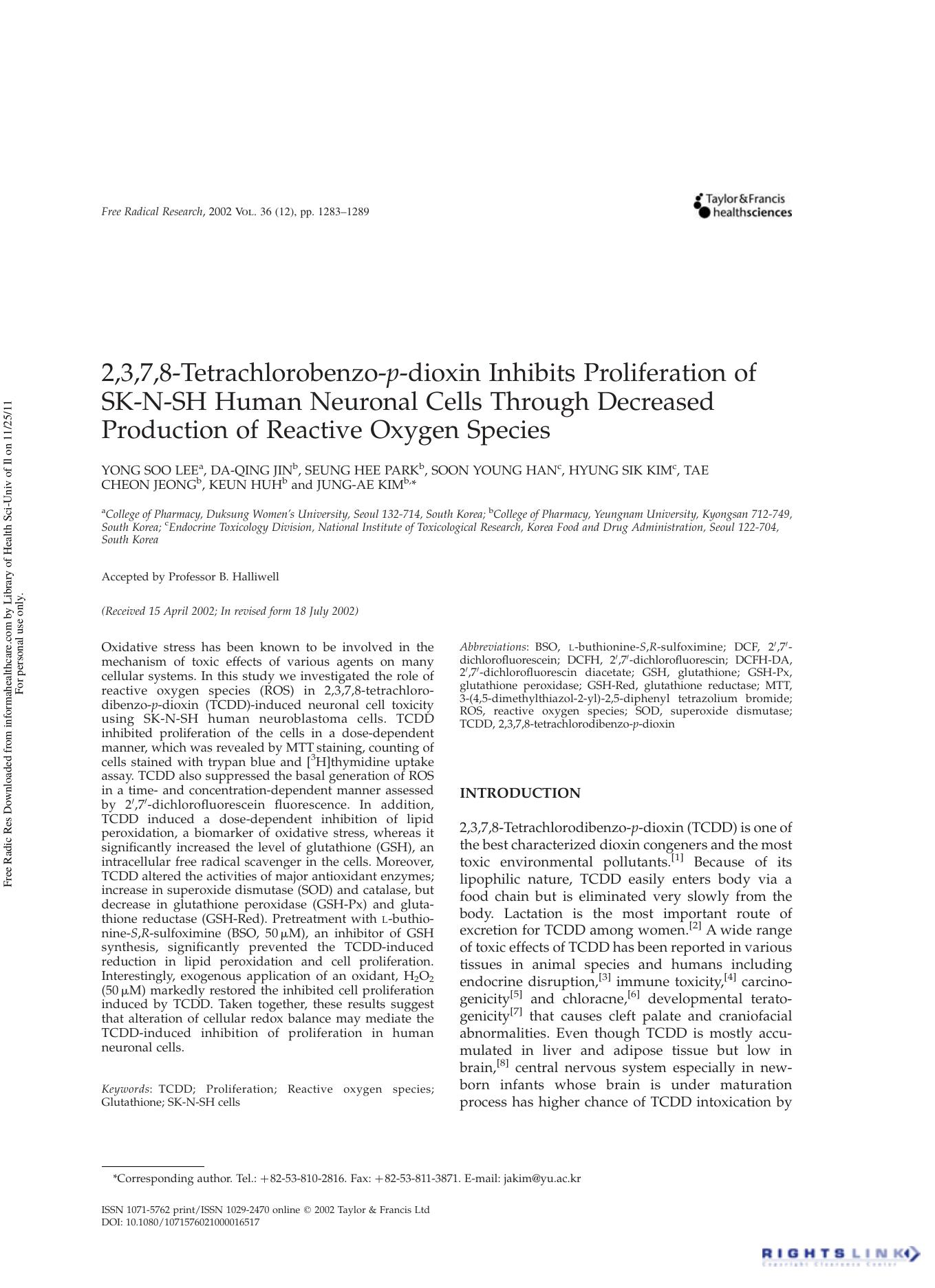 2,3,7,8-Tetrachlorobenzo- p -dioxin Inhibits Proliferation of SK-N-SH Human Neuronal Cells Through Decreased Production of Reactive Oxygen Species by unknow