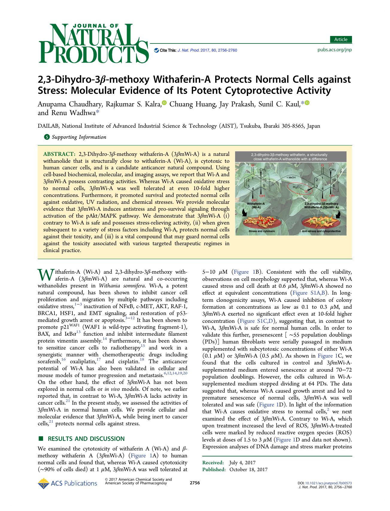 2,3-Dihydro-3Î²-methoxy Withaferin-A Protects Normal Cells against Stress: Molecular Evidence of Its Potent Cytoprotective Activity by Anupama Chaudhary Rajkumar S. Kalra Chuang Huang Jay Prakash Sunil C. Kaul & Renu Wadhwa