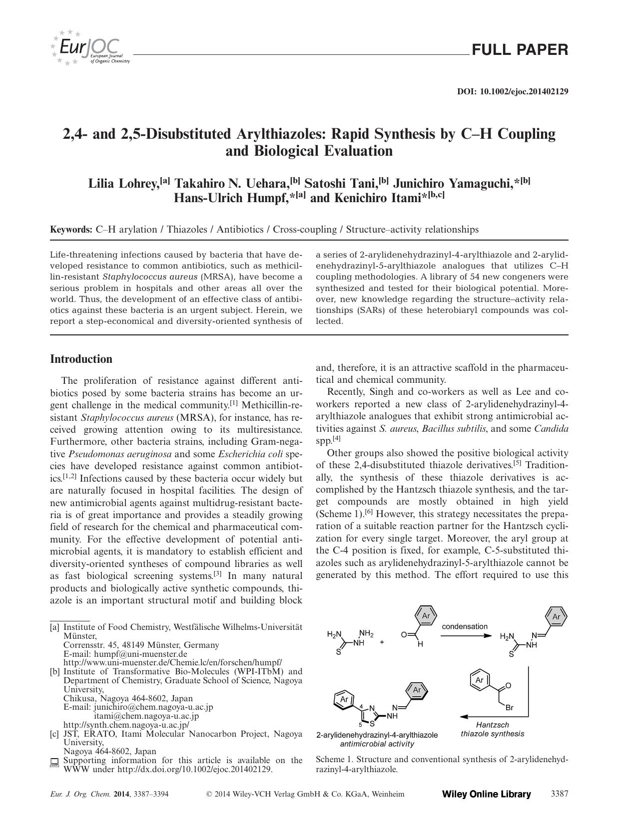 2,4 and 2,5Disubstituted Arylthiazoles: Rapid Synthesis by CH Coupling and Biological Evaluation by Unknown