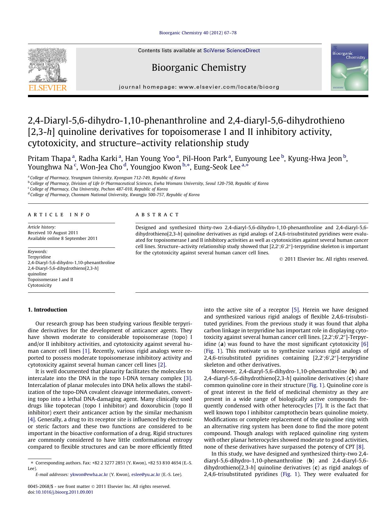 2,4-Diaryl-5,6-dihydro-1,10-phenanthroline and 2,4-diaryl-5,6-dihydrothieno[2,3-h] quinoline derivatives for topoisomerase I and II inhibitory activity, cytotoxicity, and structure by unknow