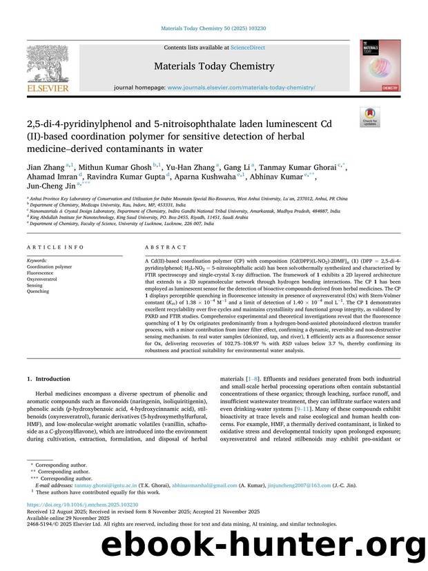 2,5-di-4-pyridinylphenol and 5-nitroisophthalate laden luminescent Cd(II)-based coordination polymer for sensitive detection of herbal medicineâderived contaminants in water by unknow