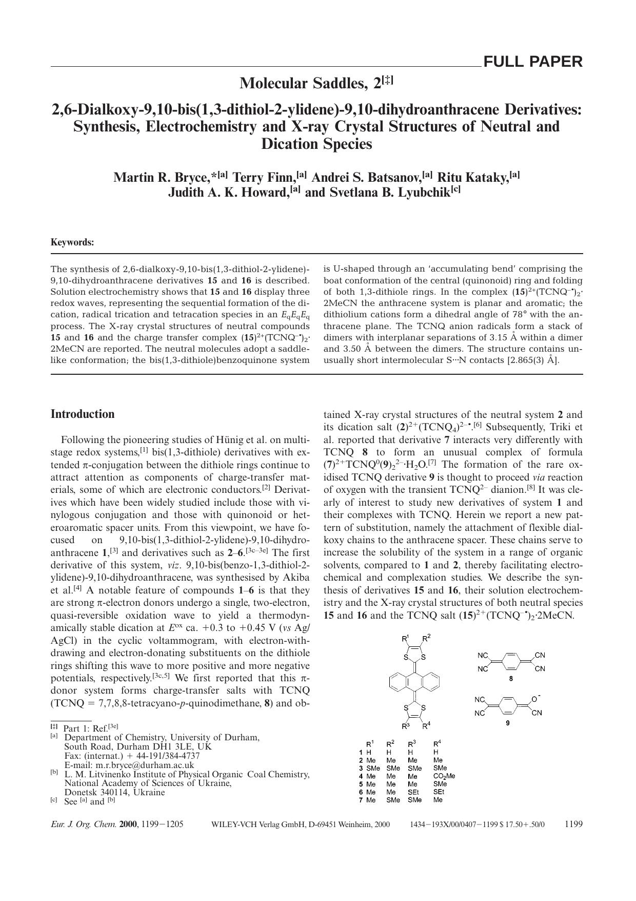 2,6-Dialkoxy-9,10-bis(1,3-dithiol-2-ylidene)-9,10-dihydroanthracene Derivatives: Synthesis, Electrochemistry and X-ray Crystal Structures of Neutral and Dication Species by Unknown