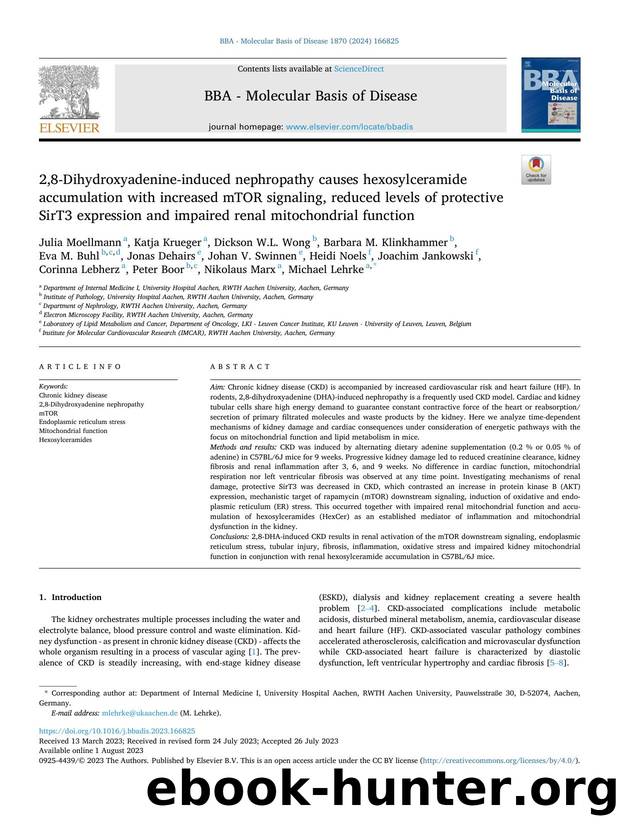 2,8-Dihydroxyadenine-induced nephropathy causes hexosylceramide accumulation with increased mTOR signaling, reduced levels of protective SirT3 expression and impaired renal mitochondrial function by unknow