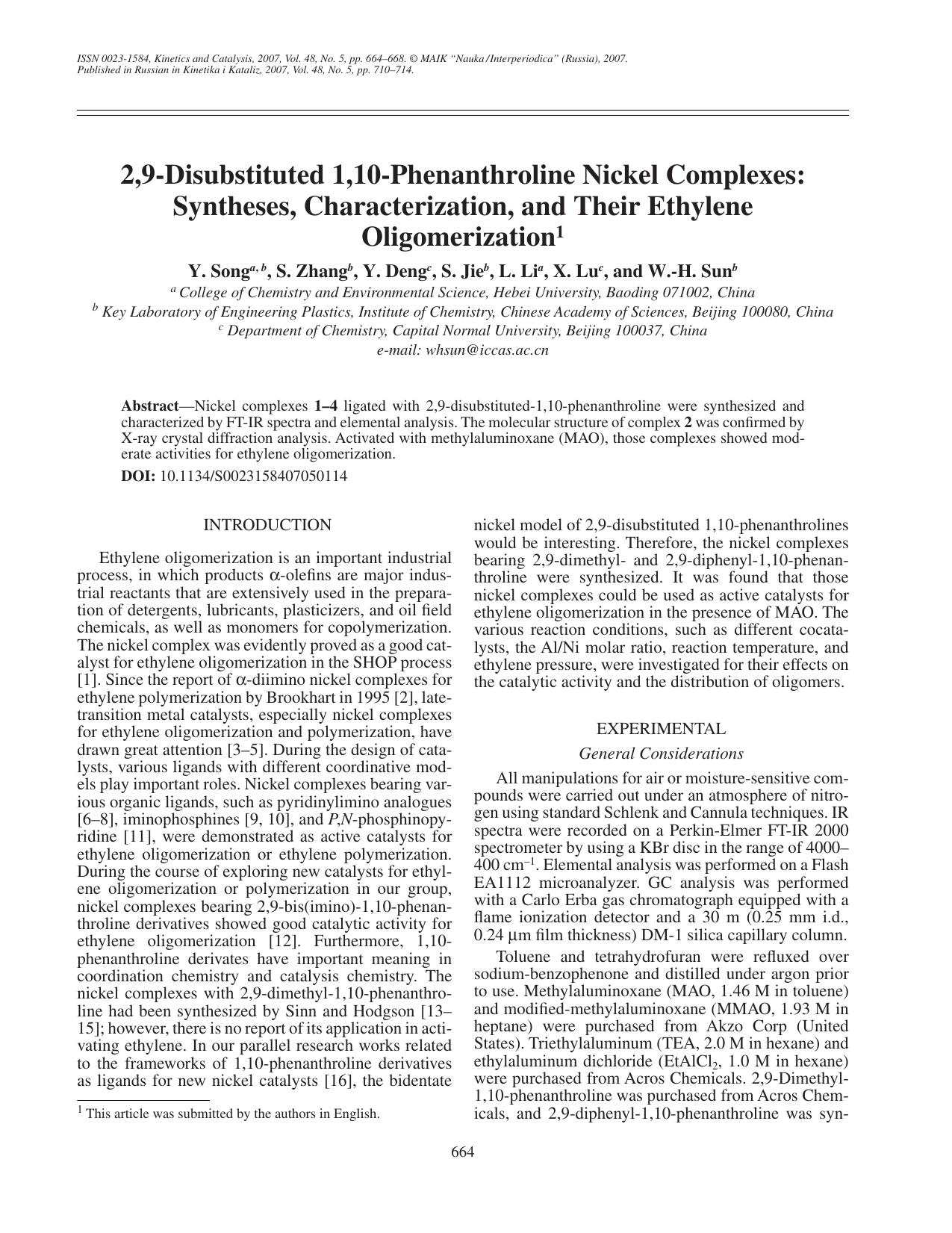 2,9-disubstituted 1,10-phenanthroline nickel complexes: Syntheses, characterization, and their ethylene oligomerization by Unknown