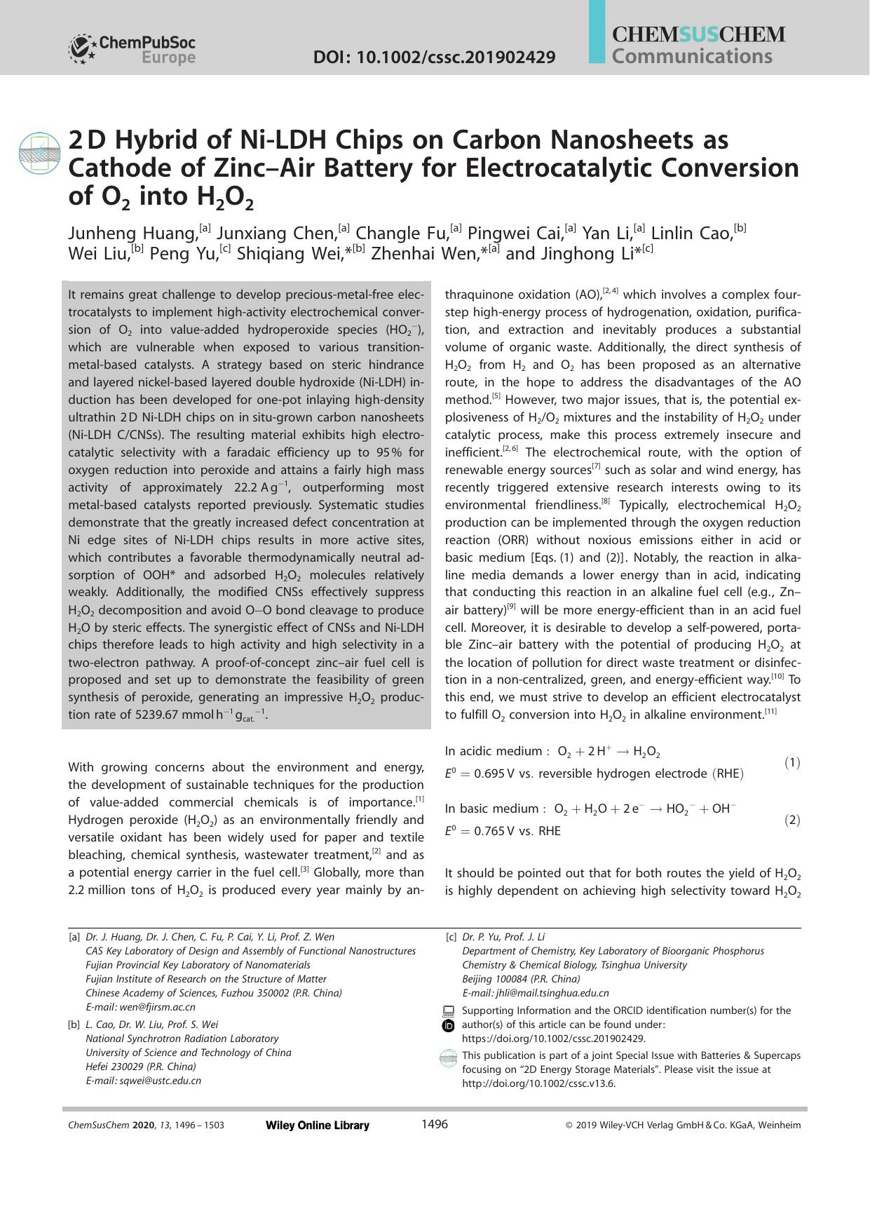 2âD Hybrid of NiâLDH Chips on Carbon Nanosheets as Cathode of ZincâAir Battery for Electrocatalytic Conversion of O2 into H2O2 by Unknown