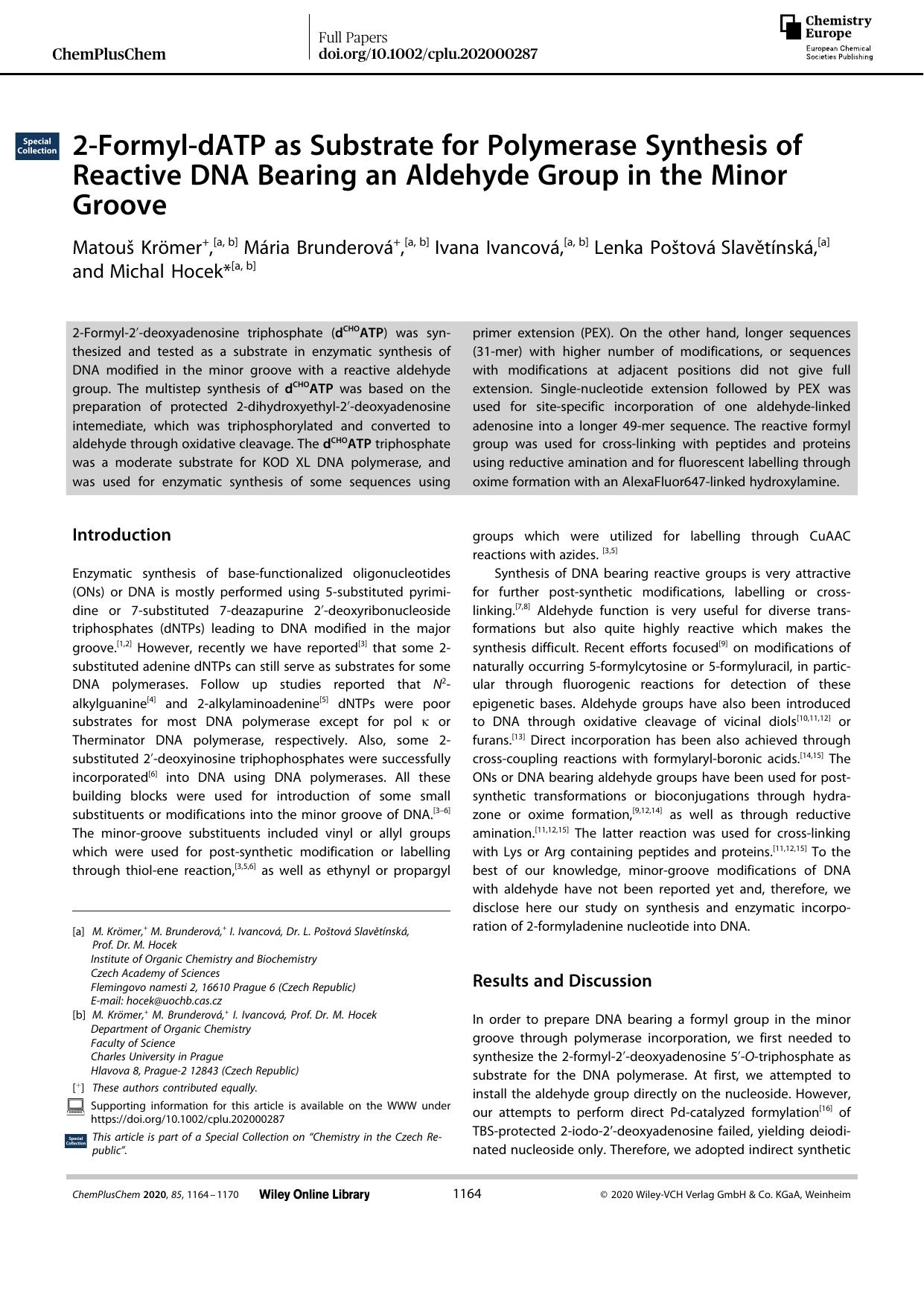 2âFormylâdATP as Substrate for Polymerase Synthesis of Reactive DNA Bearing an Aldehyde Group in the Minor Groove by Unknown