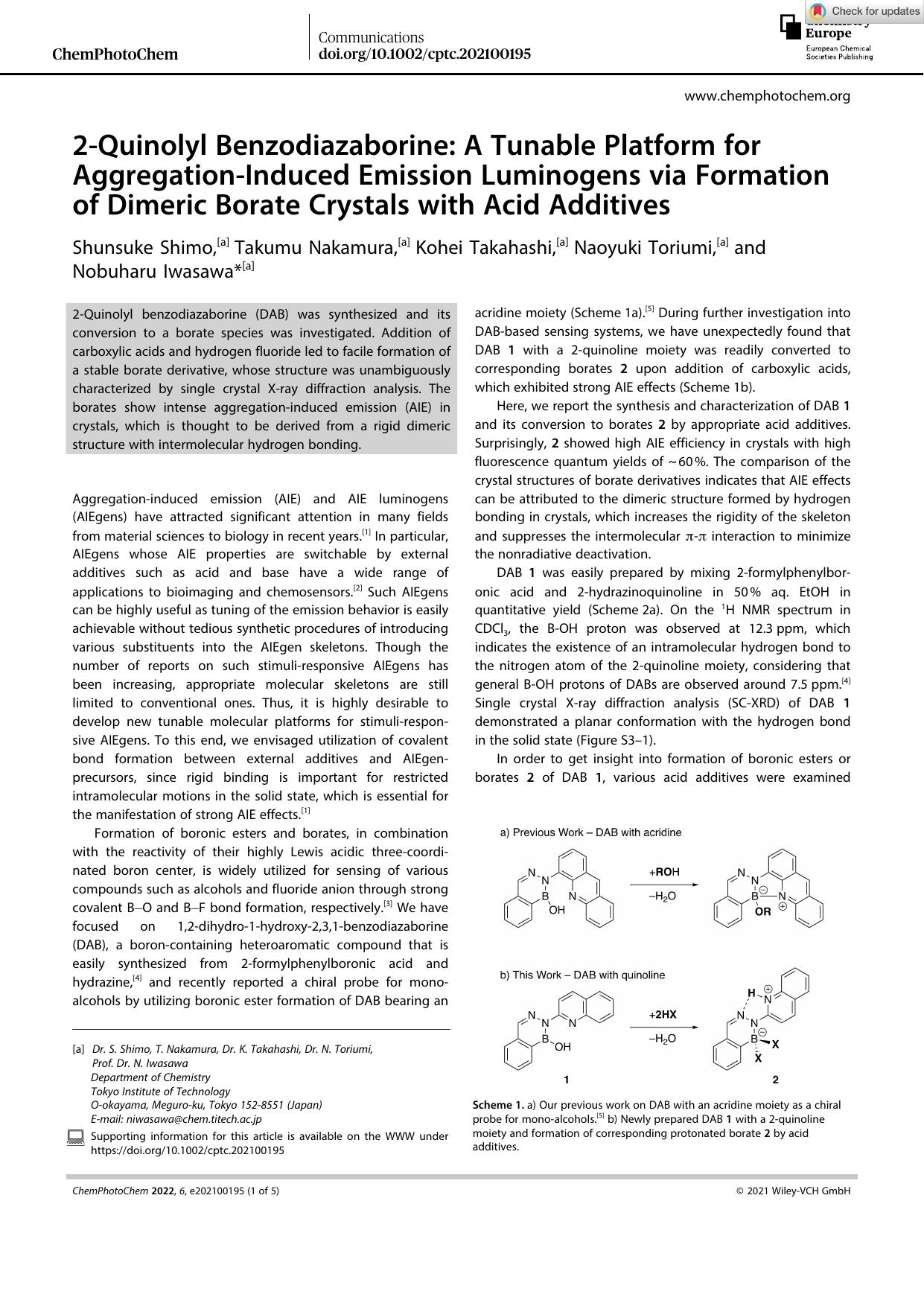 2âQuinolyl Benzodiazaborine: A Tunable Platform for AggregationâInduced Emission Luminogens via Formation of Dimeric Borate Crystals with Acid Additives by Unknown