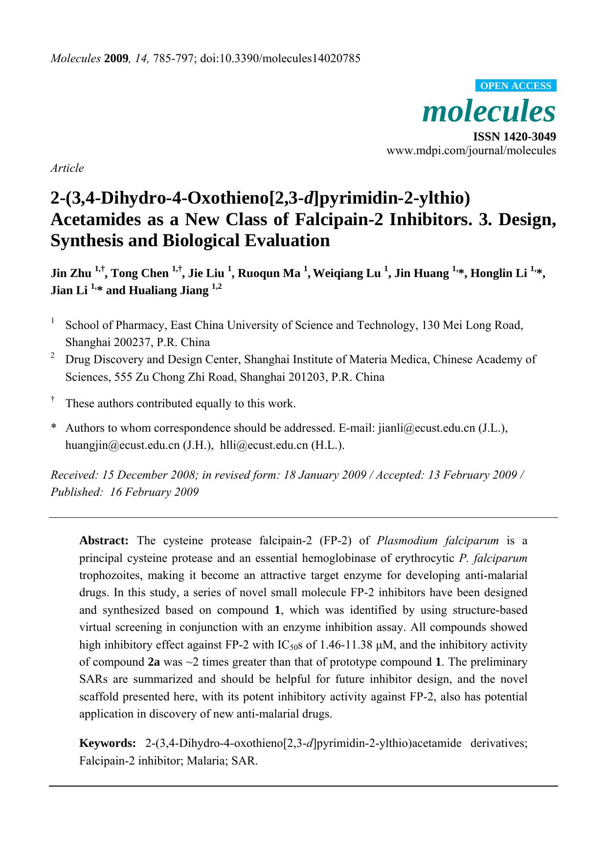 2-(3,4-Dihydro-4-Oxothieno[2,3-d]pyrimidin-2-ylthio) Acetamides as a New Class of Falcipain-2 Inhibitors. 3. Design, Synthesis and Biological Evaluation by unknow