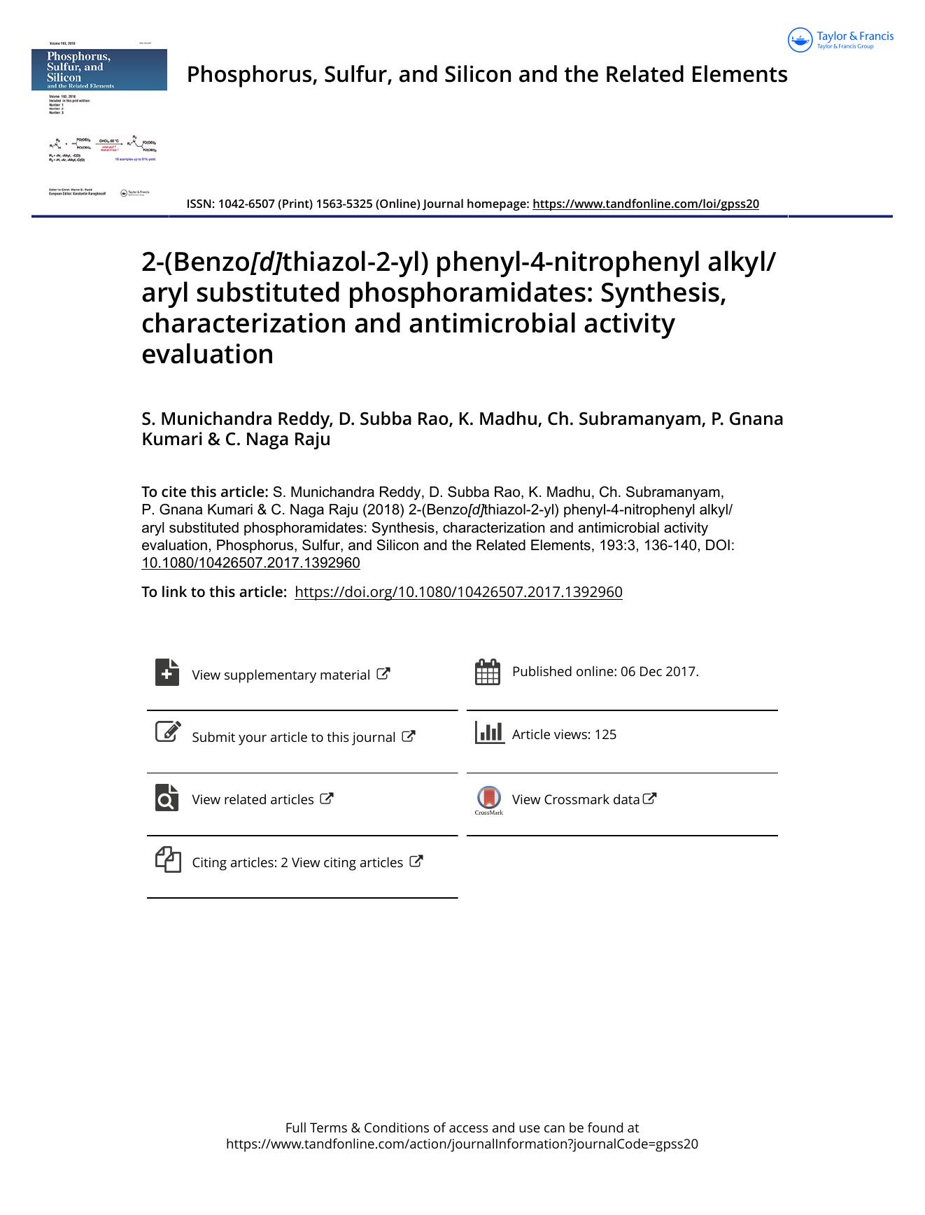 2-(Benzo[d]thiazol-2-yl) phenyl-4-nitrophenyl alkylaryl substituted phosphoramidates: Synthesis, characterization and antimicrobial activity evaluation by S. Munichandra Reddy & D. Subba Rao & K. Madhu & Ch. Subramanyam & P. Gnana Kumari & C. Naga Raju