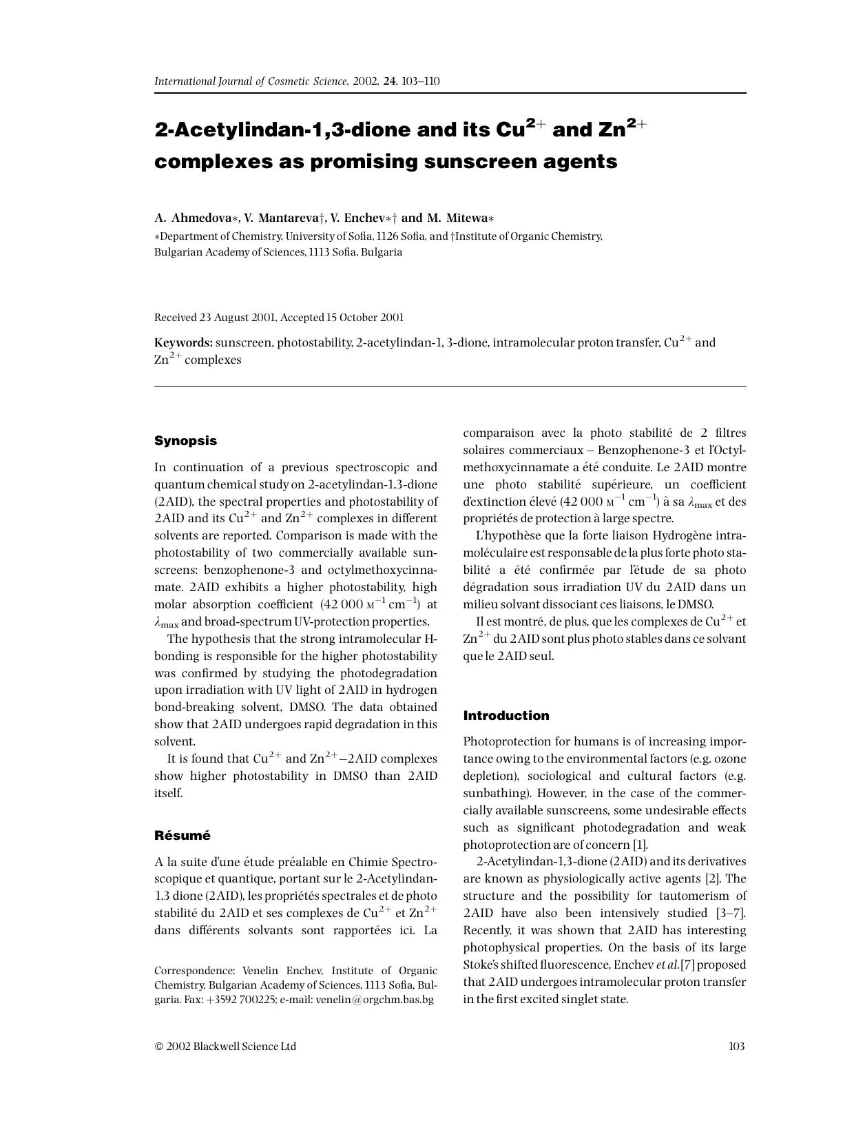 2-Acetylindan-1,3-dione and its Cu2+ and Zn2+ complexes as promising sunscreen agents by Unknown