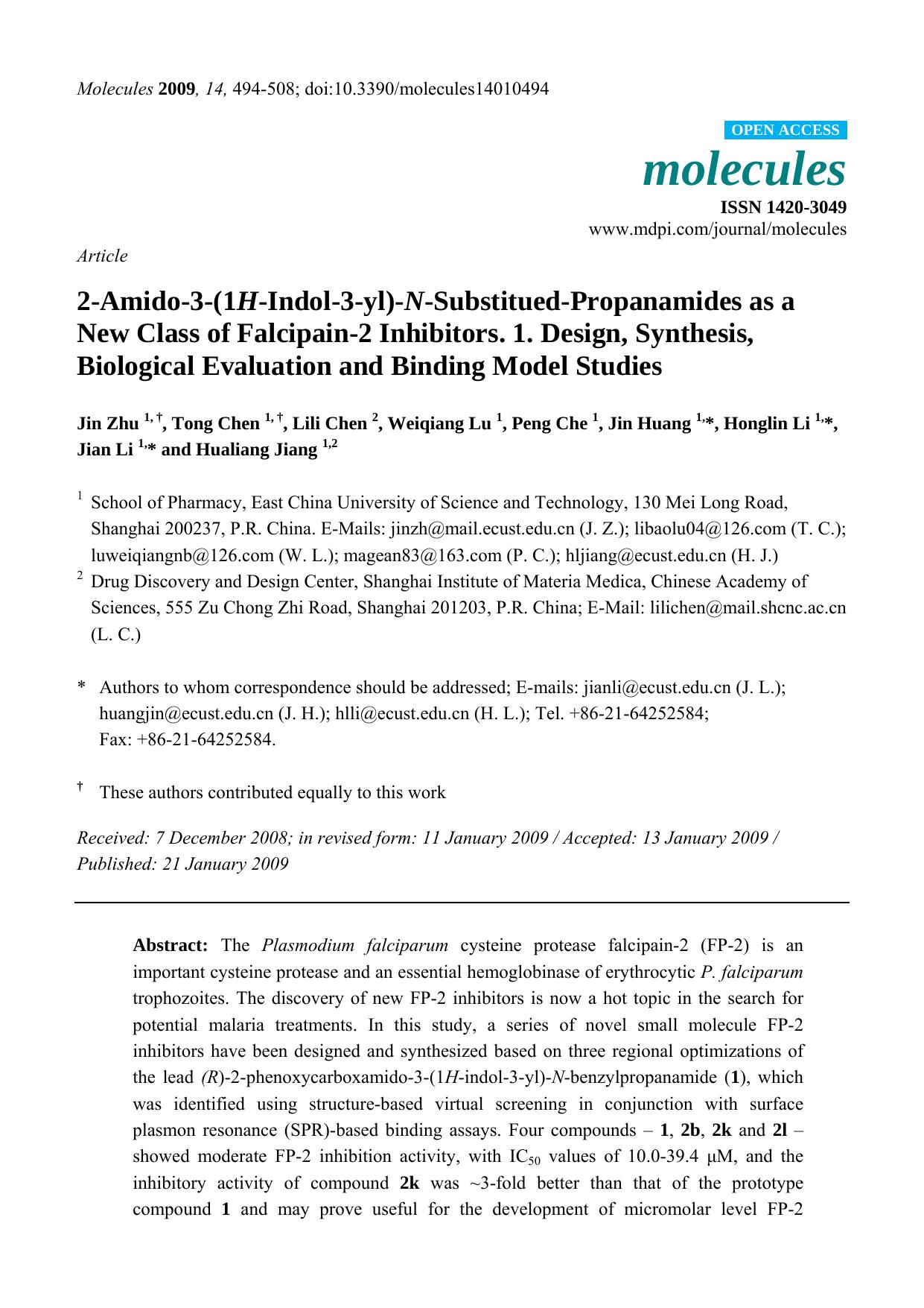 2-Amido-3-(1H-Indol-3-yl)-N-Substitued-Propanamides as a New Class of Falcipain-2 Inhibitors. 1. Design, Synthesis, Biological Evaluation and Binding Model Studies by unknow