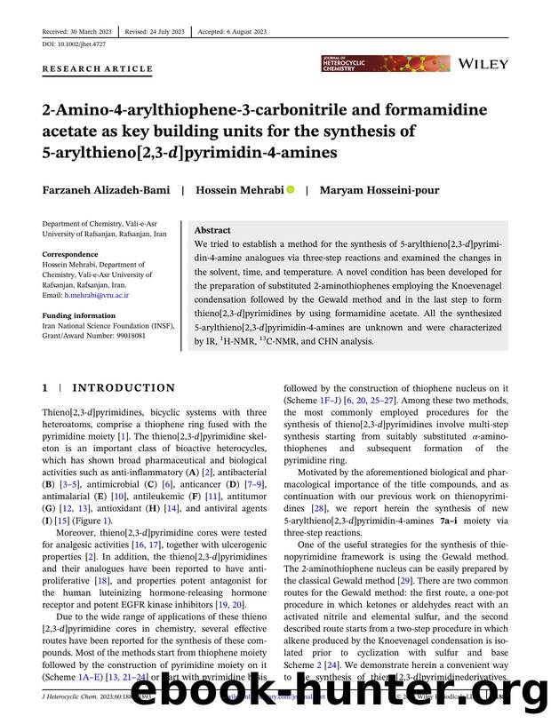2-Amino-4-arylthiophene-3-carbonitrile and Formamidine Acetate as Key Building Units for the Synthesis of 5-Arylthieno[2,3-d]pyrimidin-4-aminesâ by Unknown