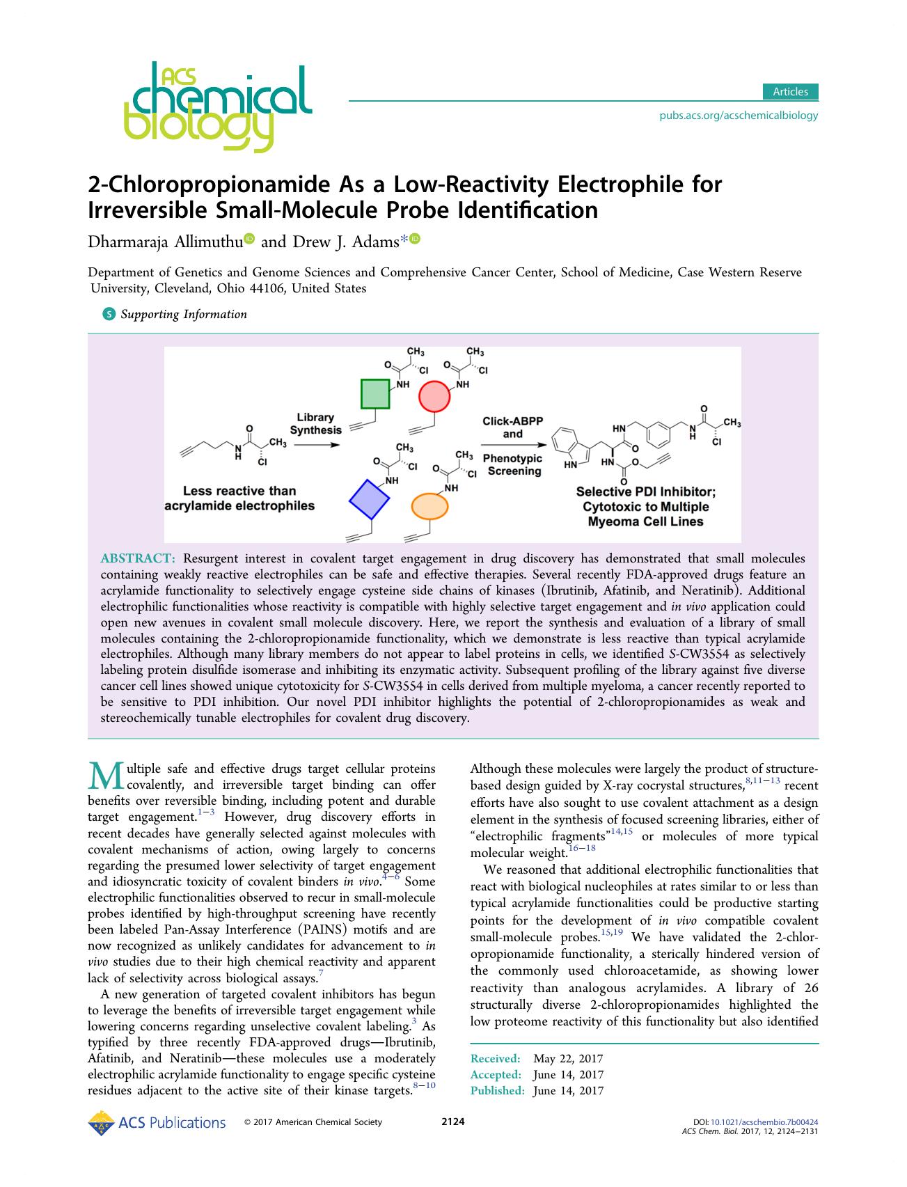 2-Chloropropionamide As a Low-Reactivity Electrophile for Irreversible Small-Molecule Probe Identification by Dharmaraja Allimuthu and Drew J. Adams