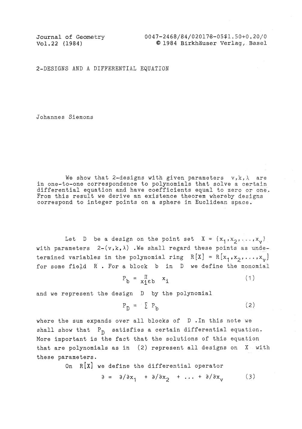 2-Designs and a differential equation by 2-Designs & a differential equation (1984)(5s)