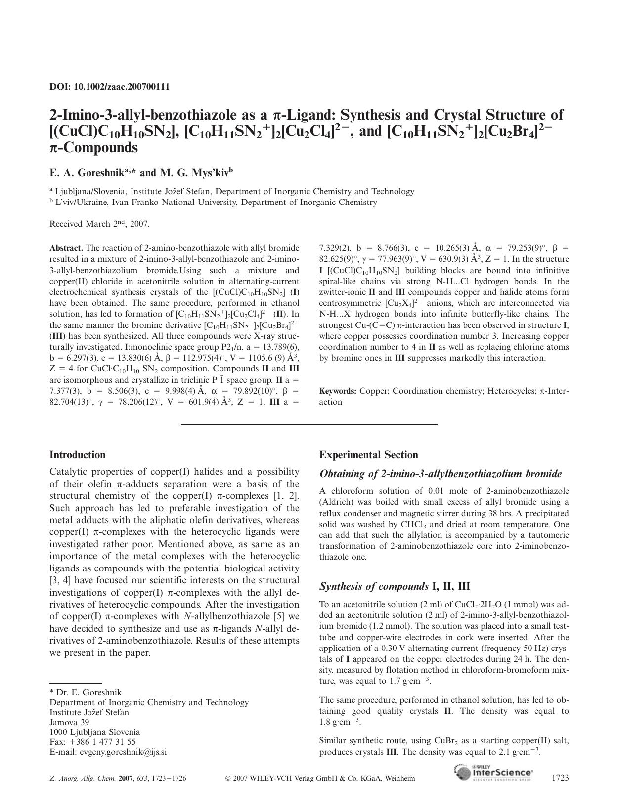 2-Imino-3-allyl-benzothiazole as a [pi]-Ligand: Synthesis and Crystal Structure of [(CuCl)C10H10SN2], [C10H11SN2+]2[Cu2Cl4]2[minus], and [C10H11SN2+]2[Cu2Br4]2[minus] [pi]-Compounds by Unknown