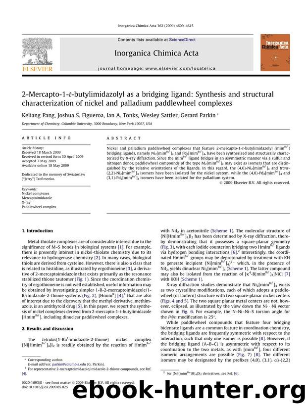 2-Mercapto-1-t-butylimidazolyl as a bridging ligand: Synthesis and structural characterization of nickel and palladium paddlewheel complexes by Keliang Pang; Joshua S. Figueroa; Ian A. Tonks; Wesley Sattler; Gerard Parkin